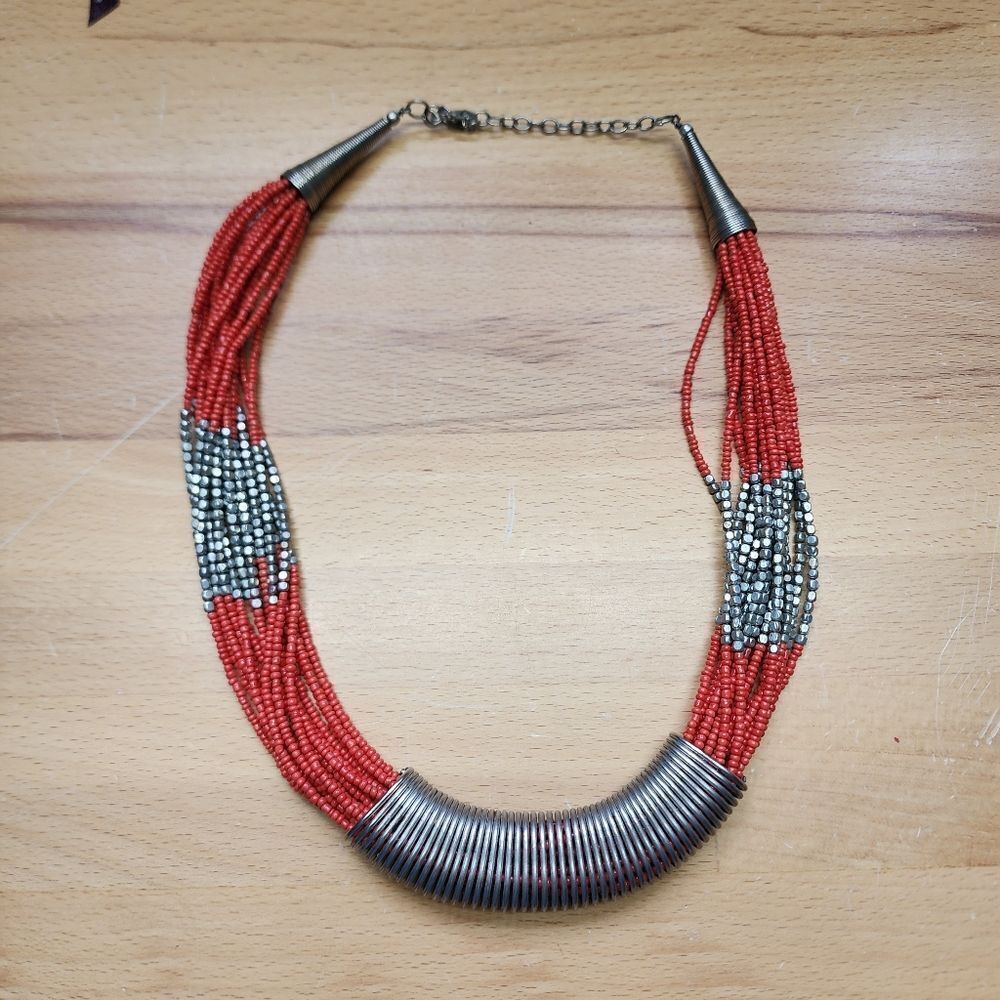 Silver & Red Beaded Multistran Necklace 25" Adjustable